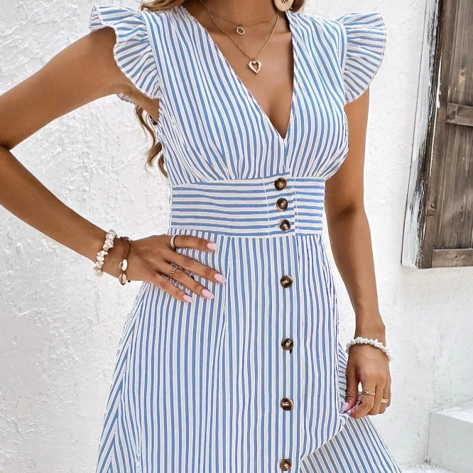 Summer V-neck Striped Button Dress