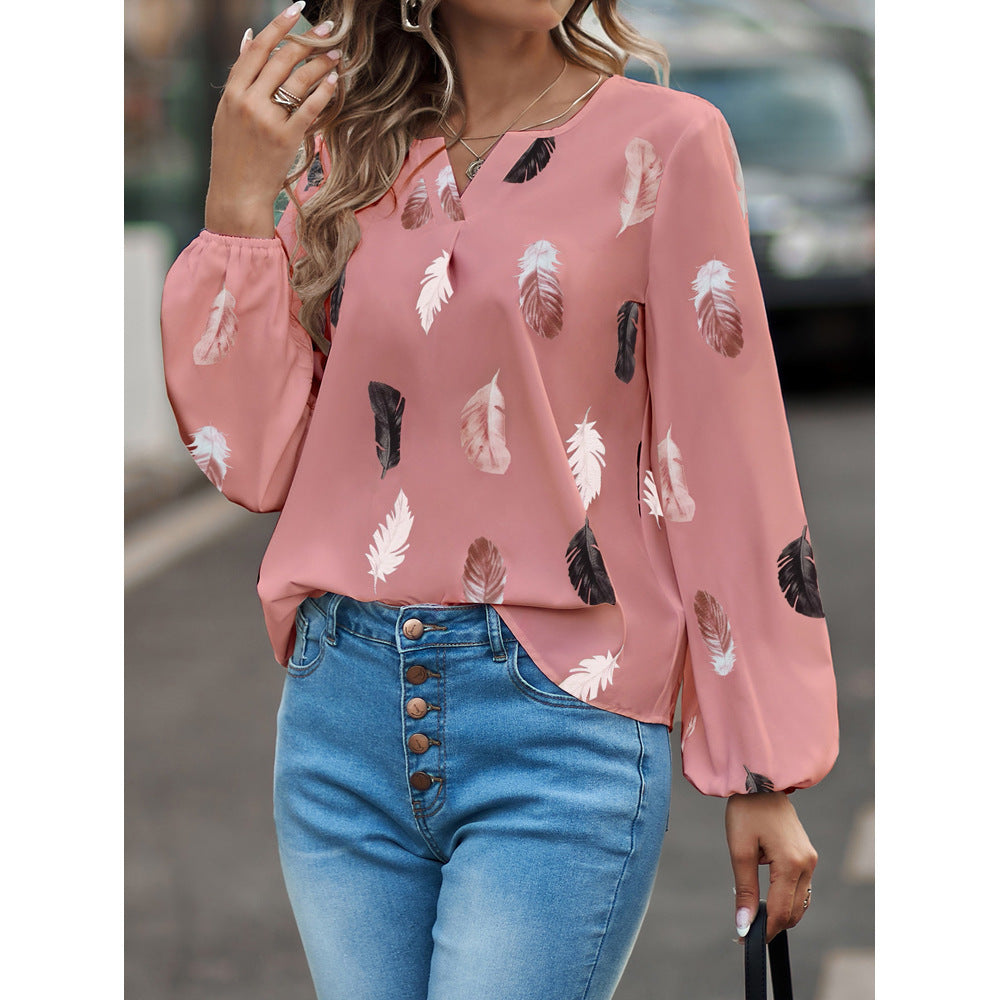 Feather Print Polo Shirt Long Lantern Sleeve Shirt Turndown Collar