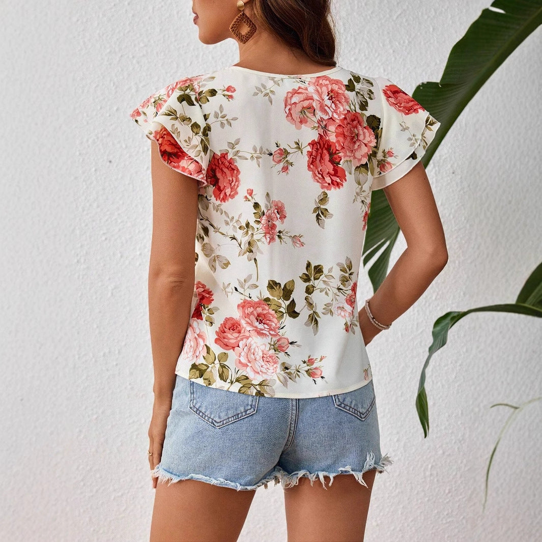 Floral Print Short Sleeve Shirt Summer Fashion Ruffled Tops