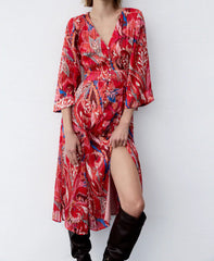 Red Printed V-neck Long-sleeved Breasted Dress