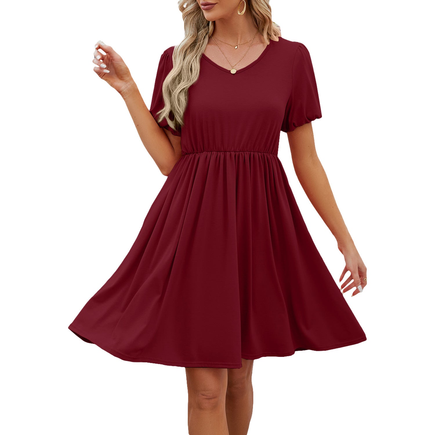 Women's Solid Color Puff Sleeves Pleated Swing Skirt