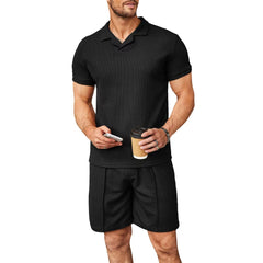 2pcs Set Men V Neck Polo Shirt Lapel Short Sleeve