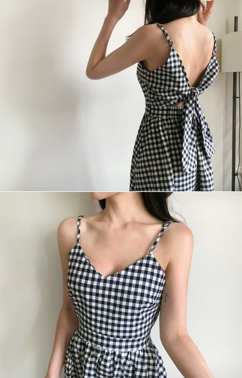 V-neck back strap check dress