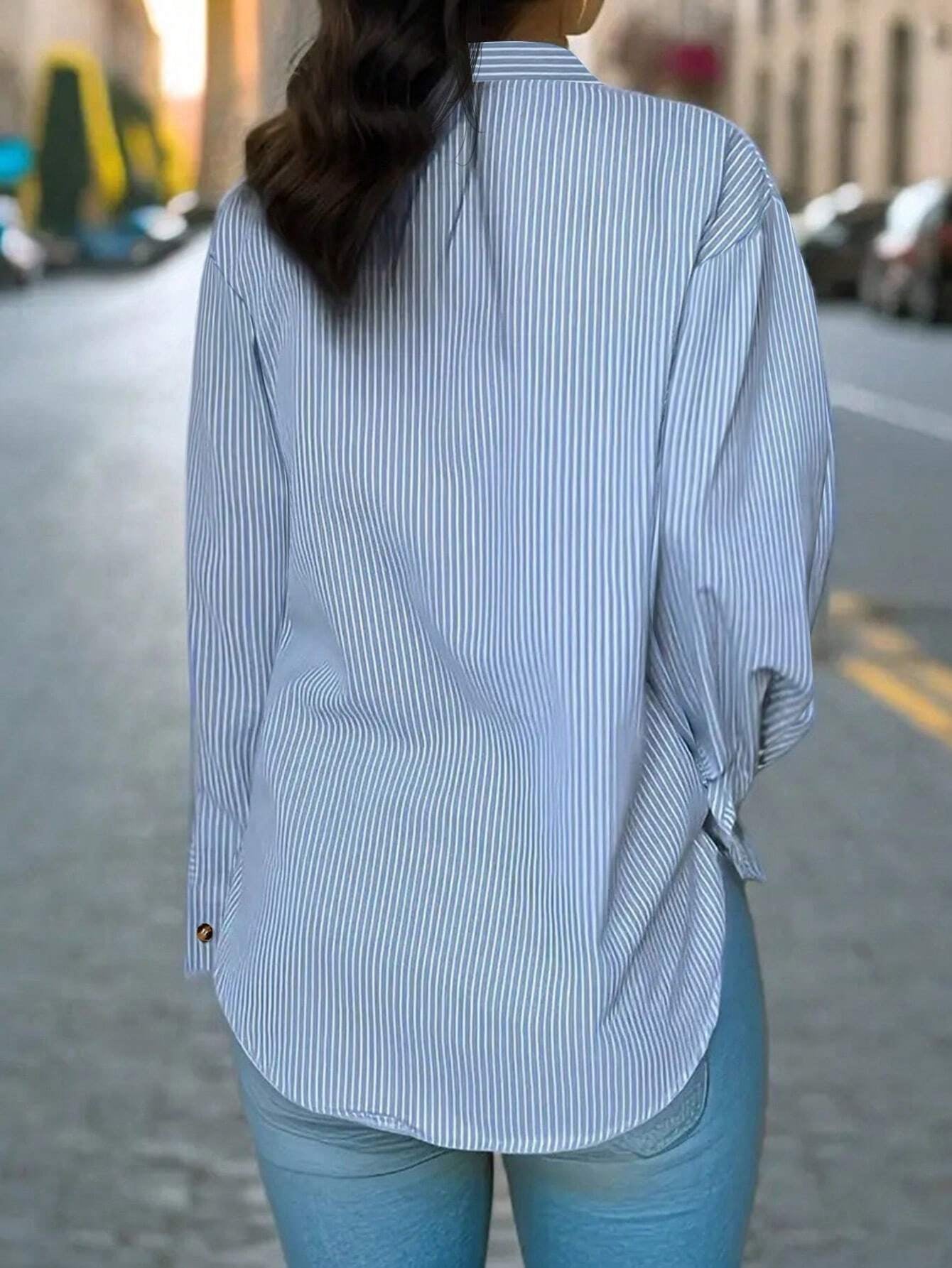 Women's Vertical Striped Notched Collar Shirt,Long Sleeve Tops