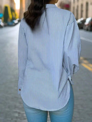 Women's Vertical Striped Notched Collar Shirt,Long Sleeve Tops