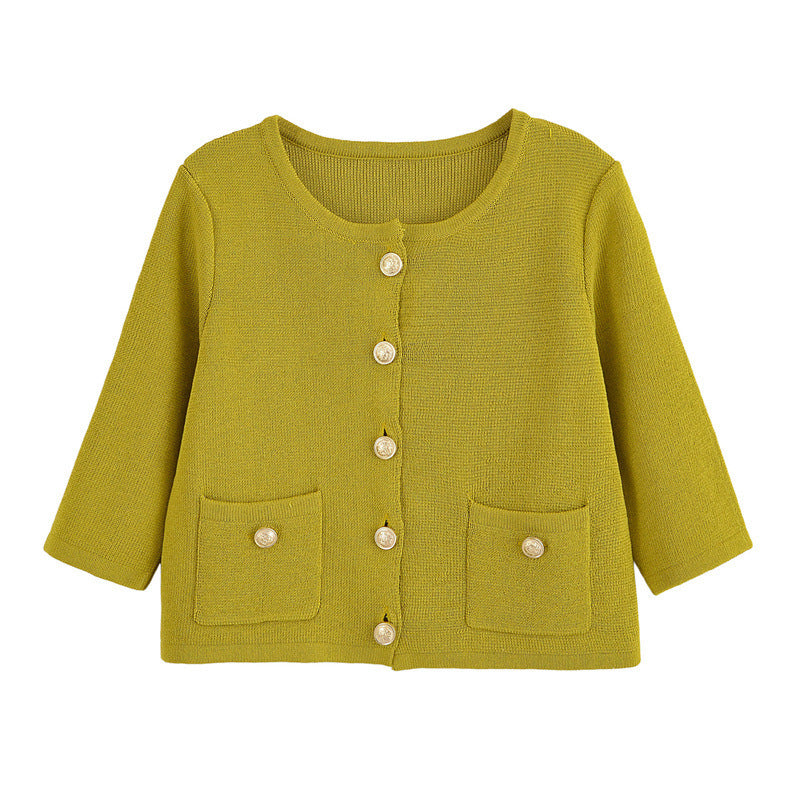 Golden Breasted Long Sleeve Knitted Coat Skirt Suit