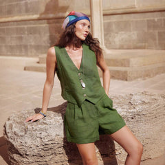 Green Cotton And Linen Vest Shorts Set