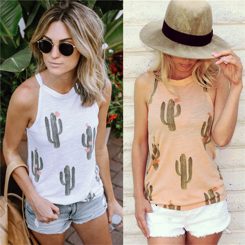 Summer Cactus Print Women T Shirt Casual Halter Harajuku