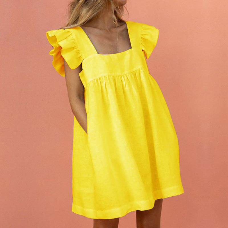 Casual Dress Women Yellow Skirt Loose Casual Ruffled