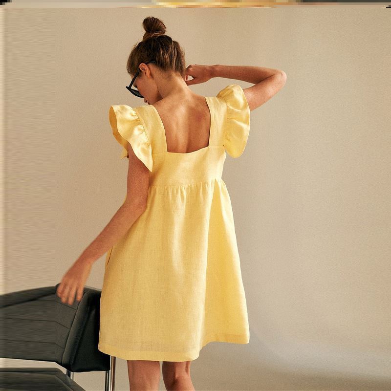 Casual Dress Women Yellow Skirt Loose Casual Ruffled