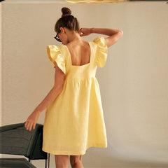 Casual Dress Women Yellow Skirt Loose Casual Ruffled