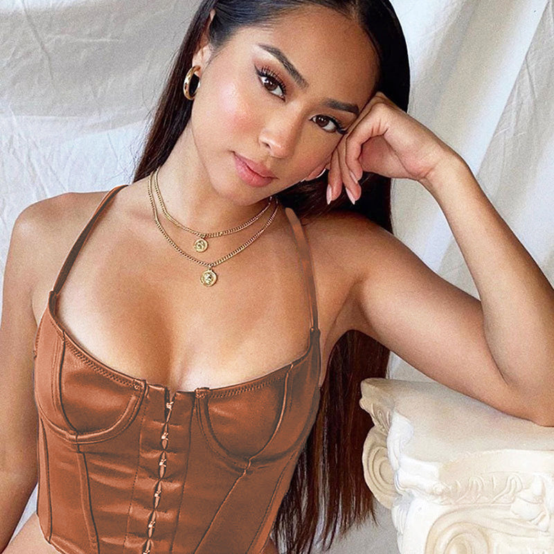 Spring New Women's Fashion Sexy Low Cut Short Fit Pu Vest