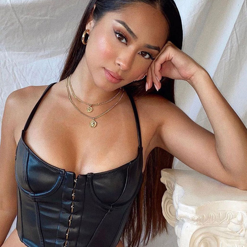 Spring New Women's Fashion Sexy Low Cut Short Fit Pu Vest