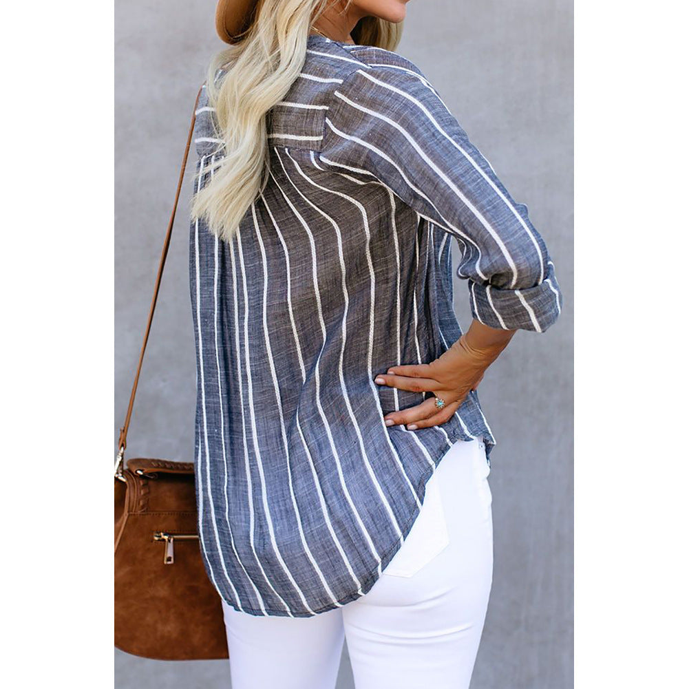 Stripe Printed V-Neck Shirt Fashion Long Sleeve Pocket Button