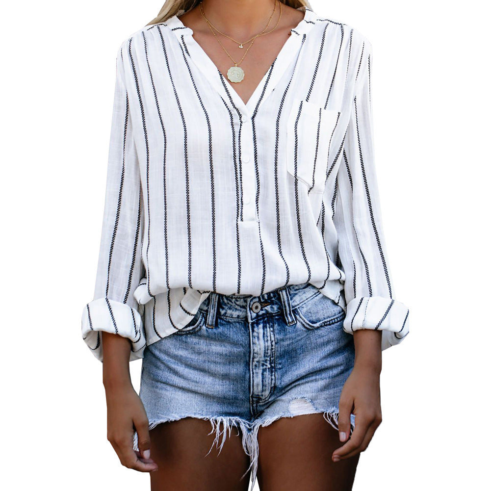 Stripe Printed V-Neck Shirt Fashion Long Sleeve Pocket Button