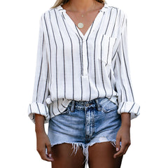 Stripe Printed V-Neck Shirt Fashion Long Sleeve Pocket Button