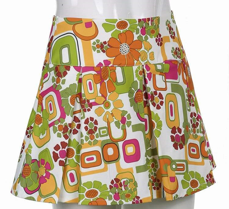 Retro Paisley Print Y2K Mini Skirts Women Sexy Cute Straight