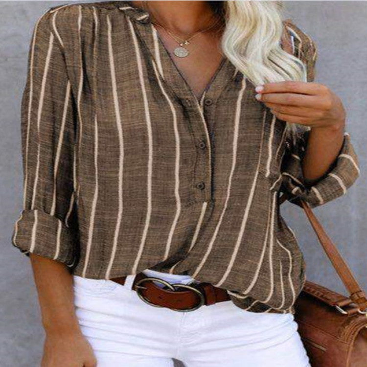 Stripe Printed V-Neck Shirt Fashion Long Sleeve Pocket Button