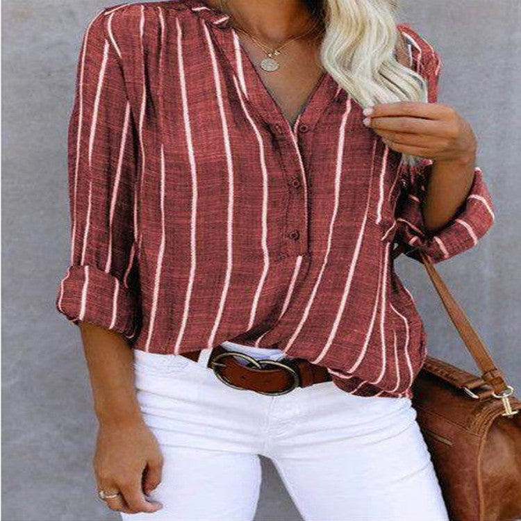 Stripe Printed V-Neck Shirt Fashion Long Sleeve Pocket Button