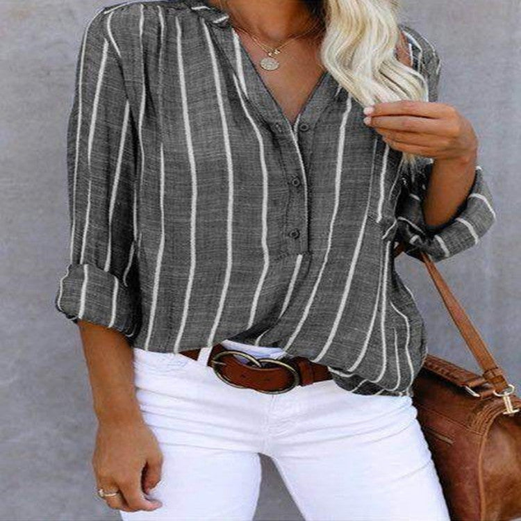 Stripe Printed V-Neck Shirt Fashion Long Sleeve Pocket Button