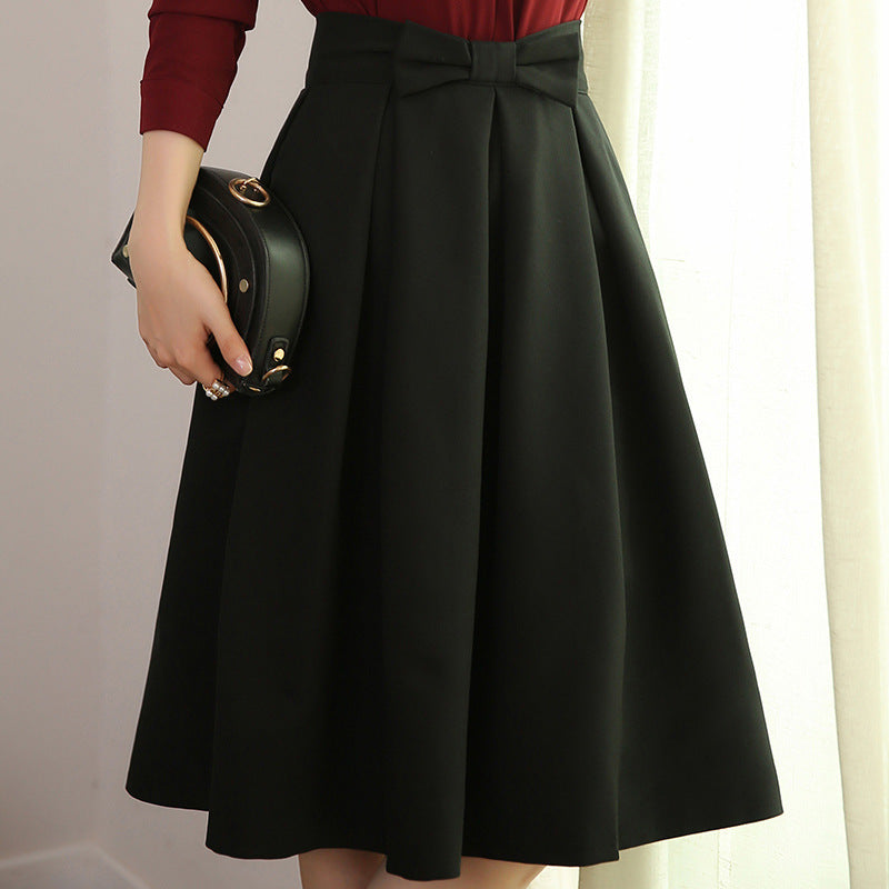 Black skirt bow tie slim waist professional mid skirt white collar work skirt