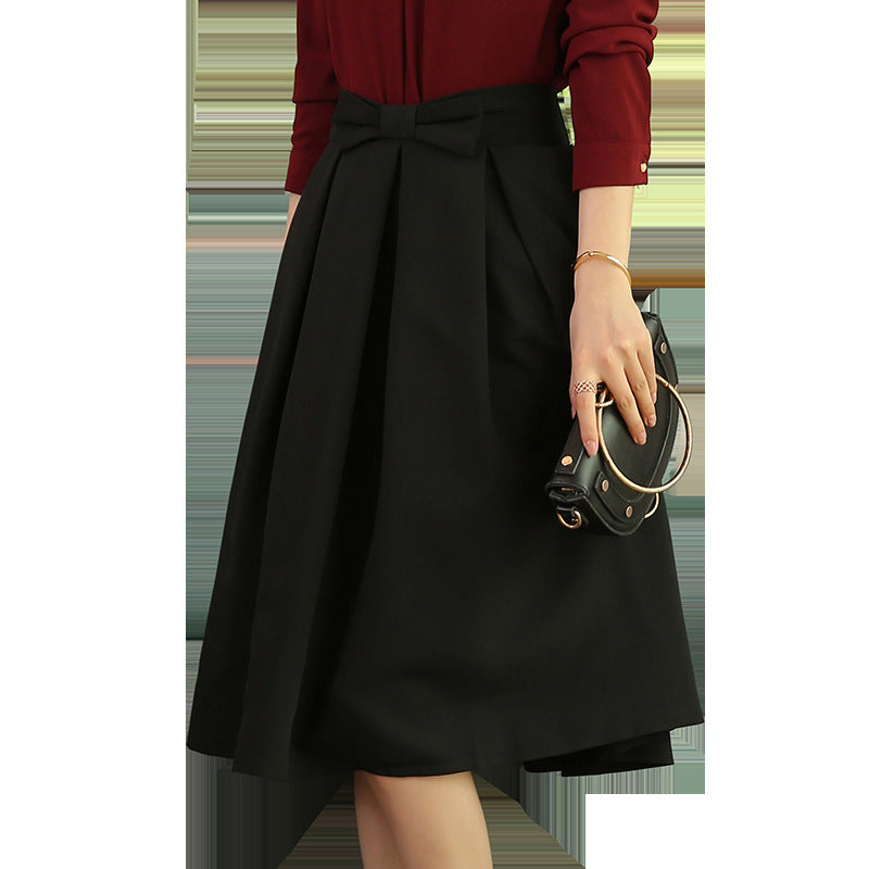 Black skirt bow tie slim waist professional mid skirt white collar work skirt