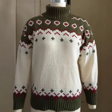 Turtleneck Knitted Sweater Christmas Loose Long Sleeve Jacquard Top