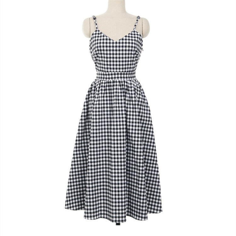 V-neck back strap check dress