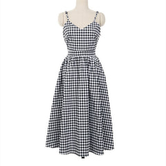 V-neck back strap check dress