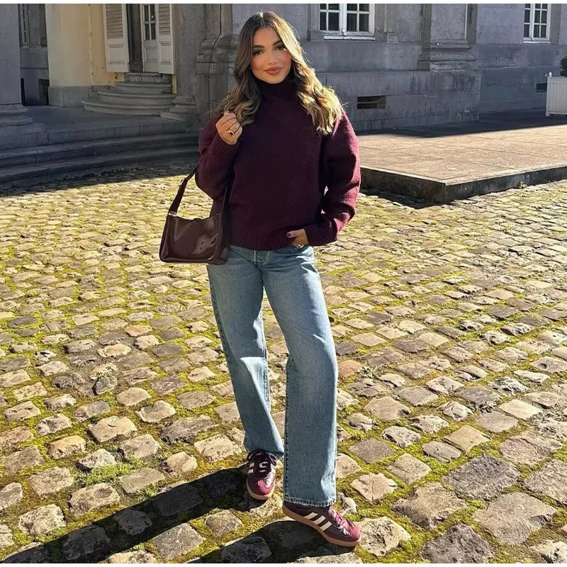 Knitwear Personality Street Vintage Women's Wine Red Turtleneck