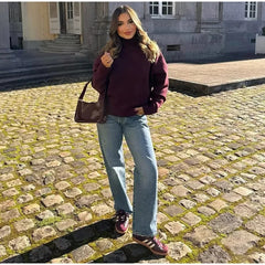 Knitwear Personality Street Vintage Women's Wine Red Turtleneck