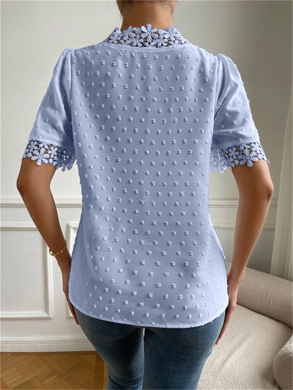 Floral Lace Short Sleeve Shirt Summer Fashion V-Neck Tops