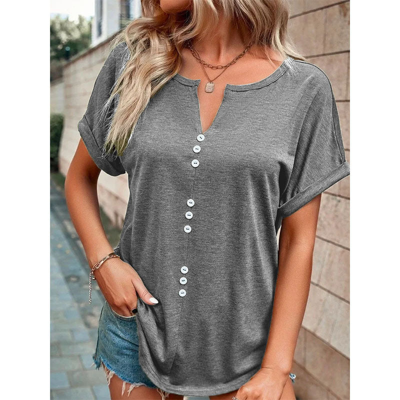 V-neck Short Sleeve Tops Shirt Summer Button Design