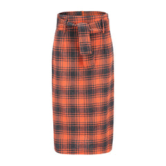 Plaid Midi Wild Belt A-line Skirt
