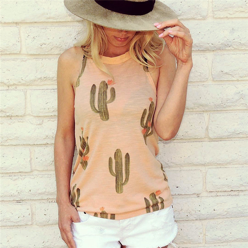 Summer Cactus Print Women T Shirt Casual Halter Harajuku