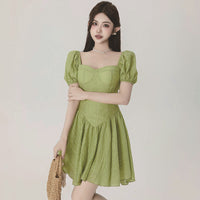 Socialite Style Temperament Square Collar Puff Sleeve Waist-tight Dress