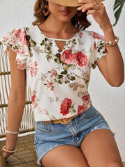 Floral Print Short Sleeve Shirt Summer Fashion Ruffled Tops