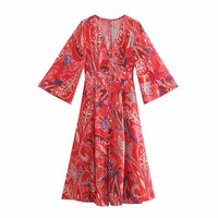 Red Printed V-neck Long-sleeved Breasted Dress