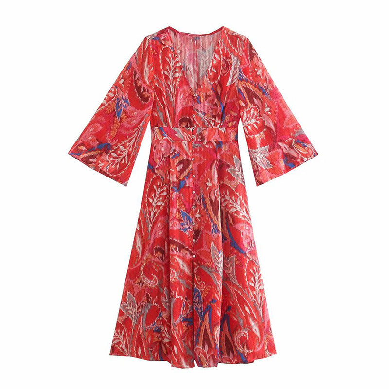 Red Printed V-neck Long-sleeved Breasted Dress