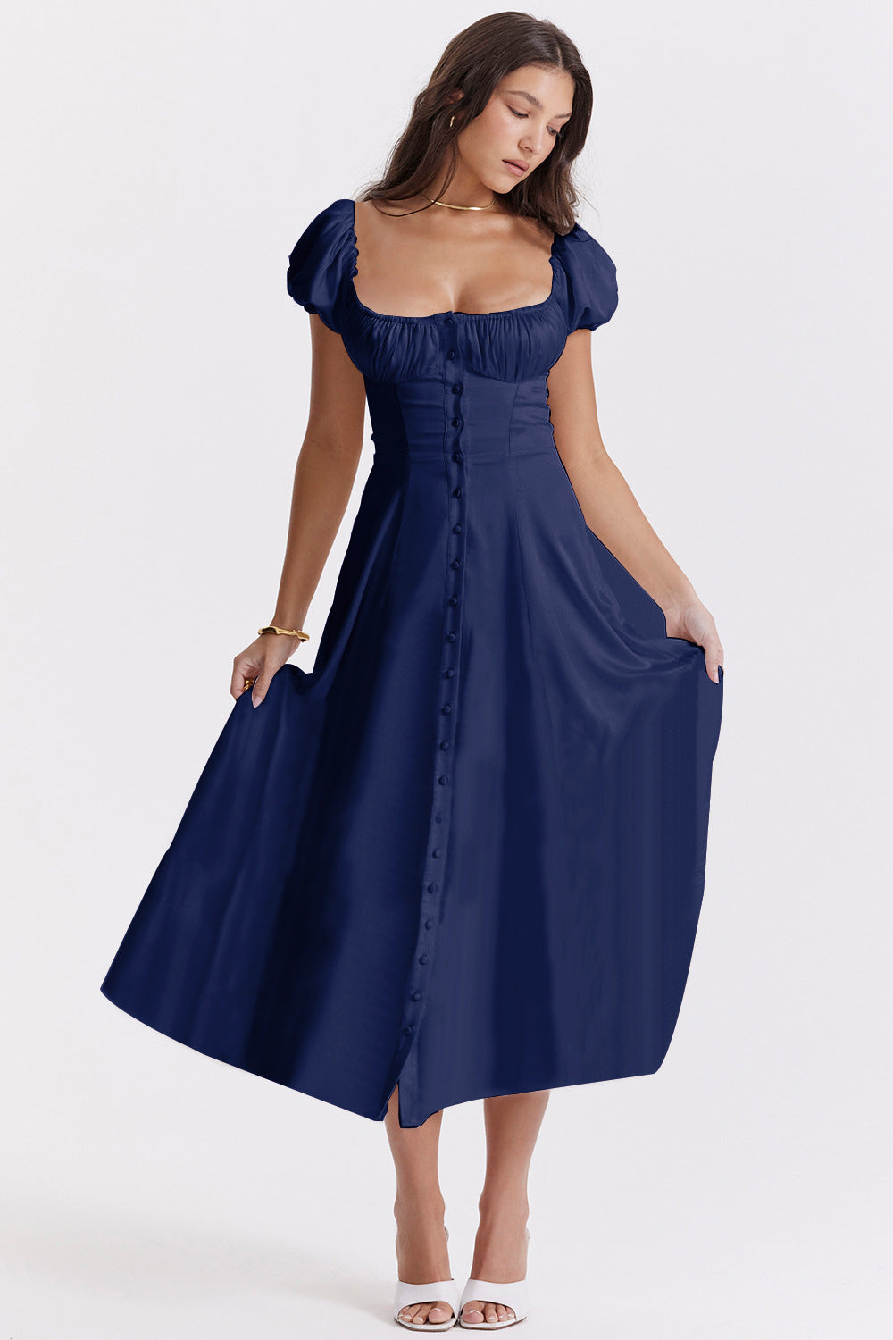 Summer Cross-border Puff Sleeve Solid Color High-end French Dress