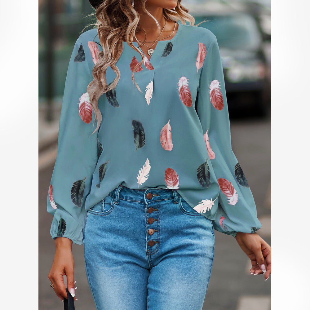 Feather Print Polo Shirt Long Lantern Sleeve Shirt Turndown Collar