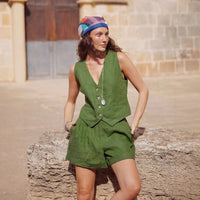 Green Cotton And Linen Vest Shorts Set