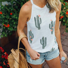 Summer Cactus Print Women T Shirt Casual Halter Harajuku