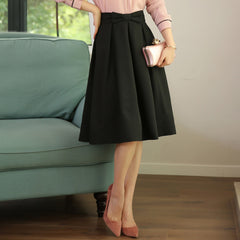 Black skirt bow tie slim waist professional mid skirt white collar work skirt