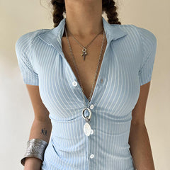 European And American Sexy Spicy Girl Simple Blue Striped Shirt