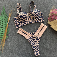 Hollow sexy leopard split swimsuit high waist