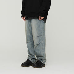 Light Wash Grey Denim Jeans Baggy Oversized With Pleats