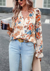 Women's Tops Casual Floral Print V Neck Long Sleeve Shirts