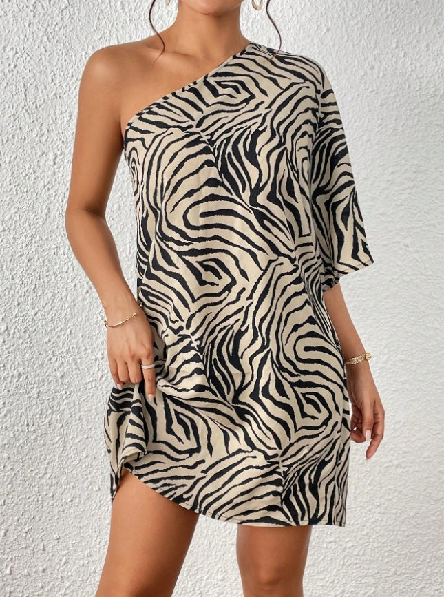 Women's Casual Asymmetrical Collar Zebra Print Vacation Dress