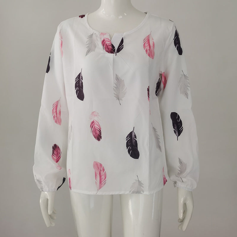 Feather Print Polo Shirt Long Lantern Sleeve Shirt Turndown Collar